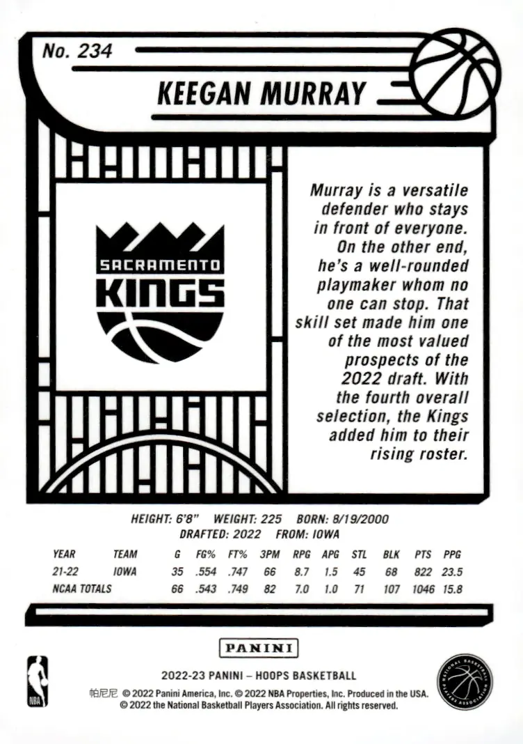 2022-23 NBA Hoops #234 Keegan Murray (back)