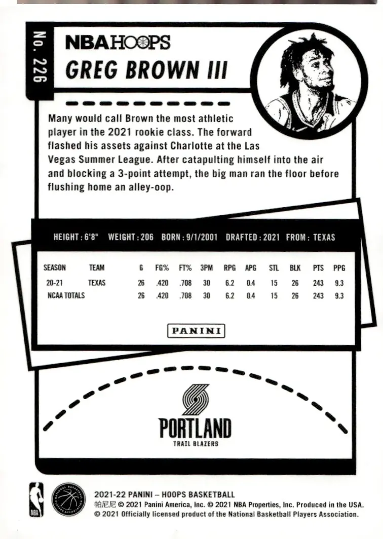 2021-22 NBA Hoops #226 Greg Brown III (back)