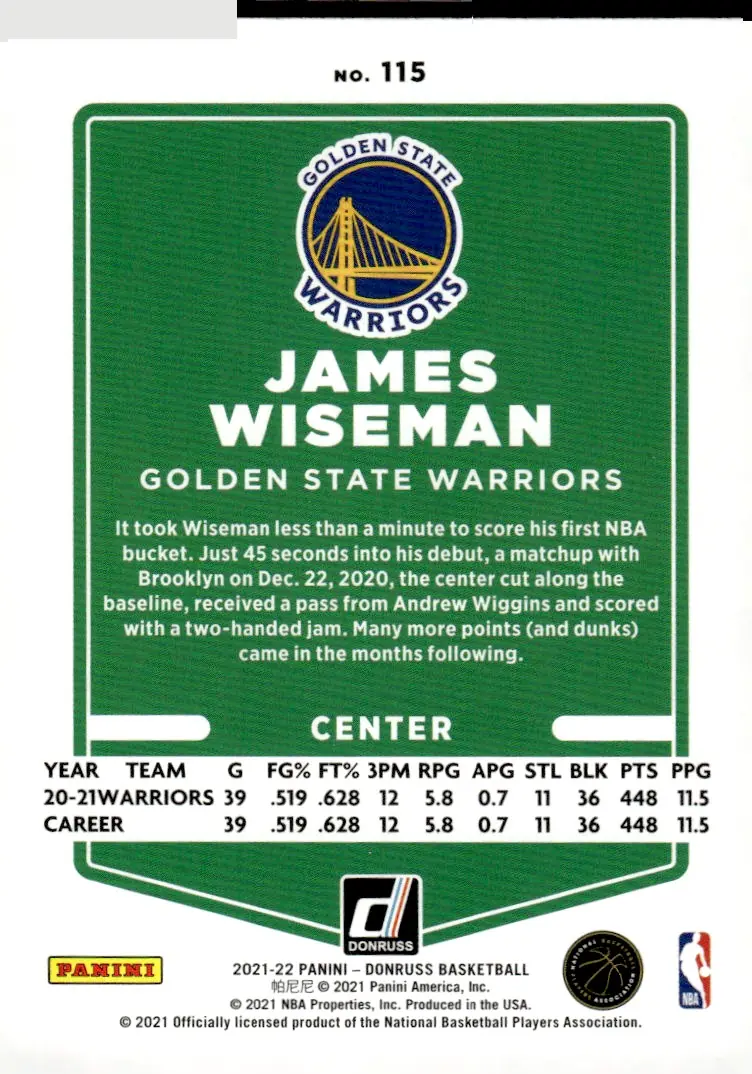 2021-22 Donruss #115 James Wiseman (back)
