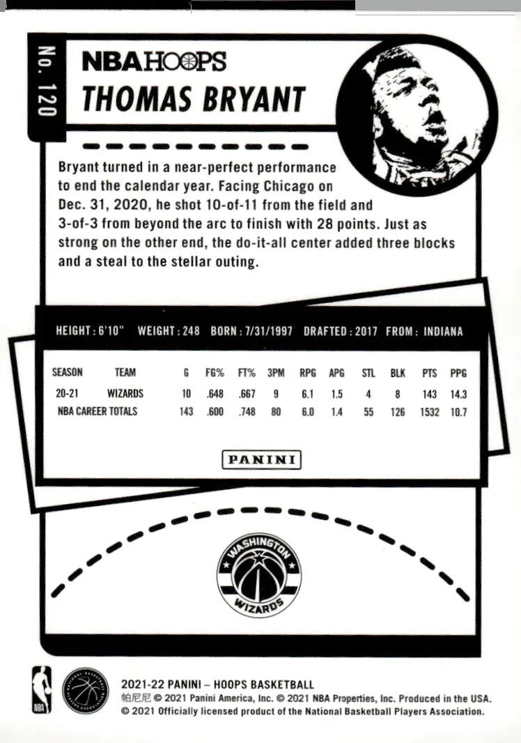 2021-22 NBA Hoops #120 Thomas Bryant (back)