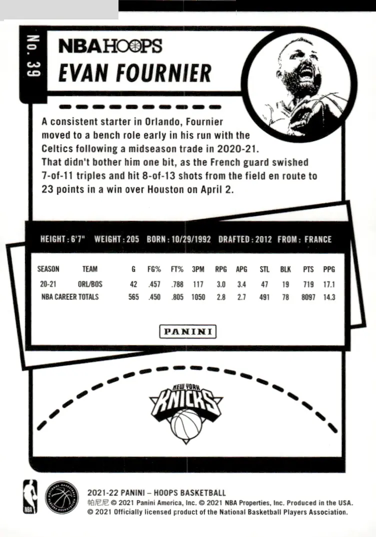 2021-22 NBA Hoops #39 Evan Fournier (back)