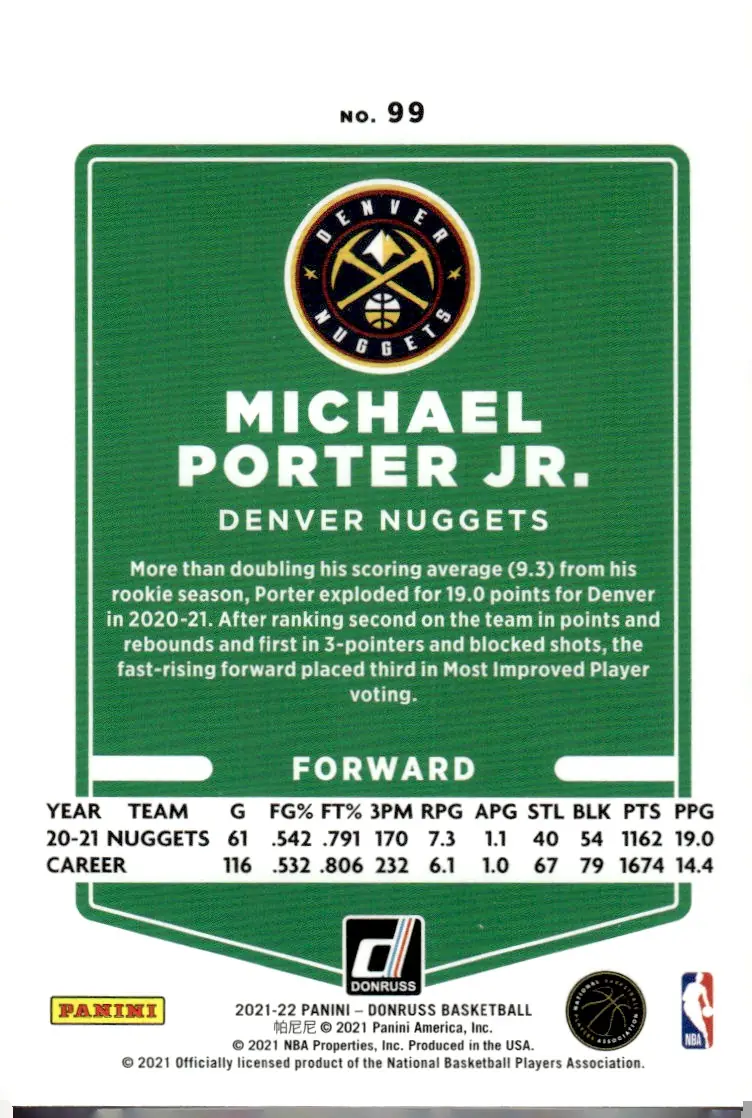2021-22 Donruss #99 Michael Porter Jr. (back)