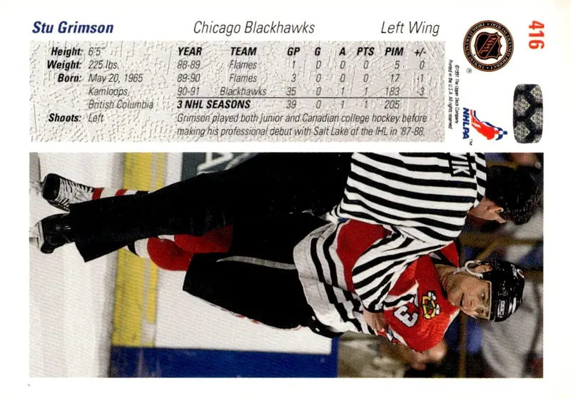 1991-92 Upper Deck #416 Stu Grimson (back)