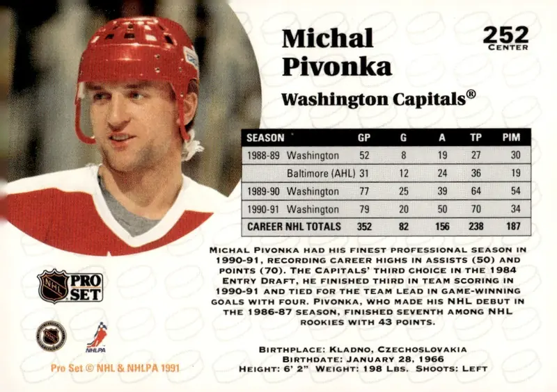 1991-92 Pro Set (Series 1) #252 Michal Pivonka (back)