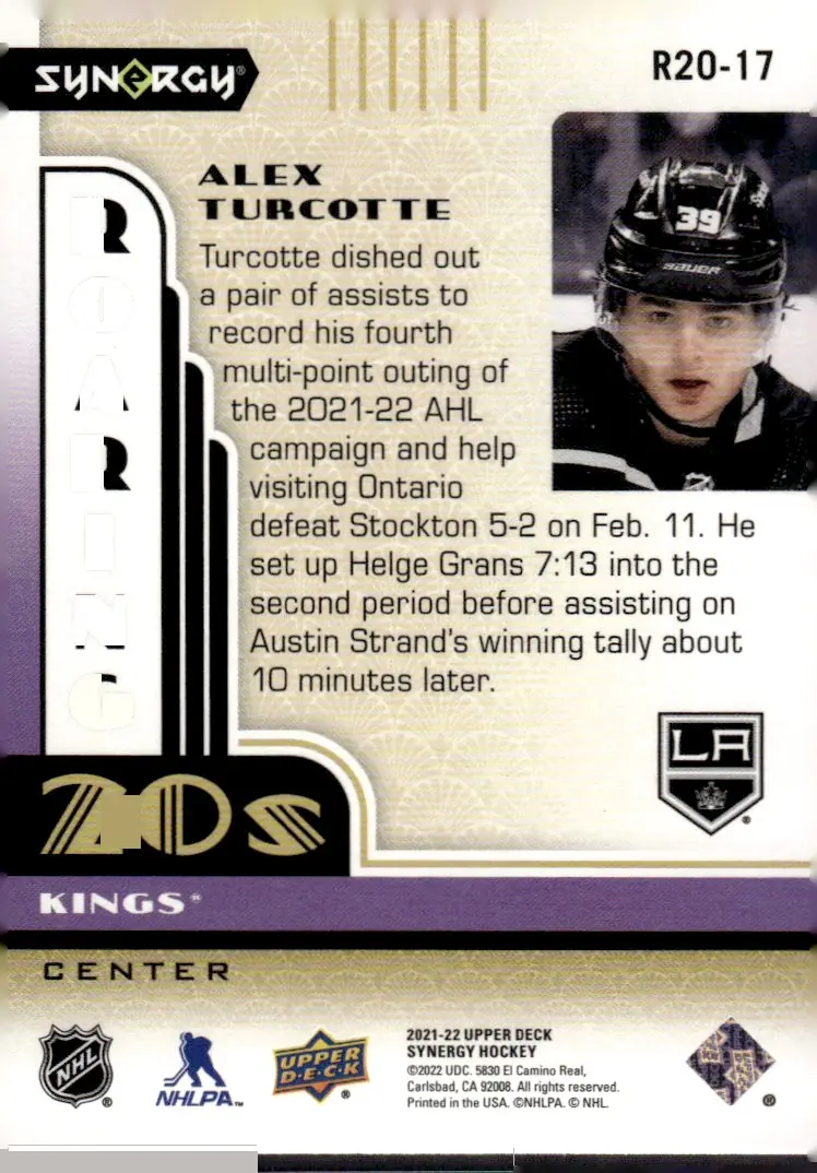 2021-22 Upper Deck Synergy #R20-17 Alex Turcotte (back)