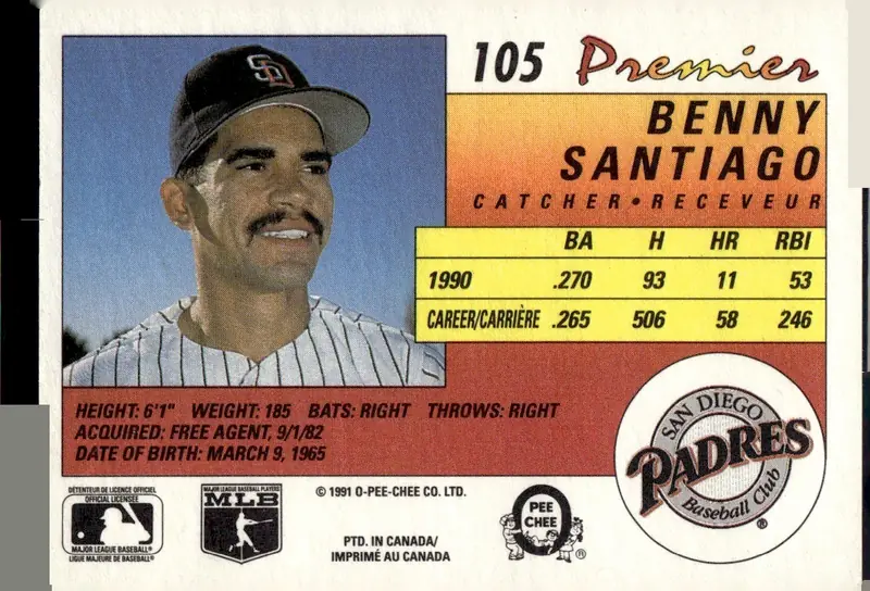 1991 O-Pee-Chee Premier #105 Benny Santiago (back)