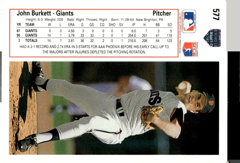 1991 Upper Deck #577 John Burkett (back)