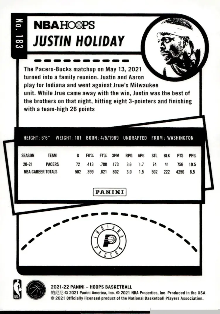 2021-22 NBA Hoops #183 Justin Holiday (back)