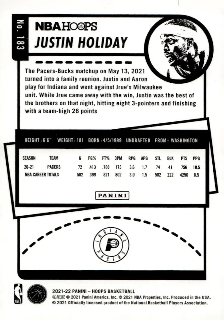 2021-22 NBA Hoops #183 Justin Holiday (back)