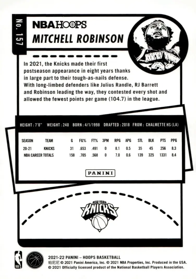 2021-22 NBA Hoops #157 Mitchell Robinson (back)