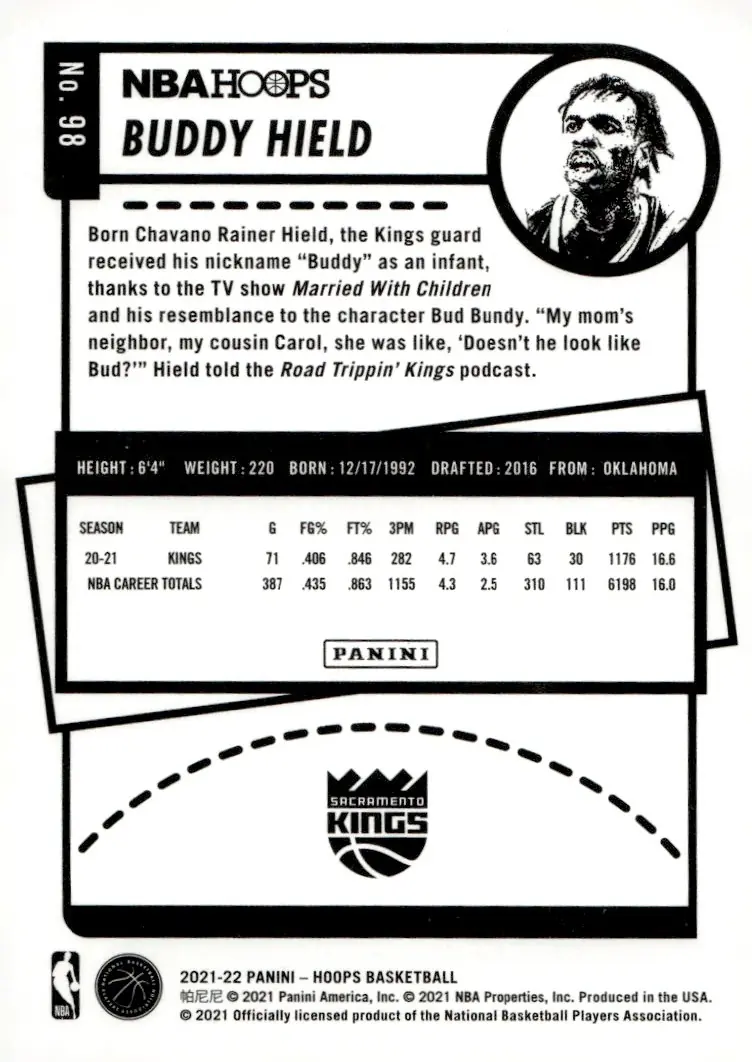 2021-22 NBA Hoops #98 Buddy Hield (back)