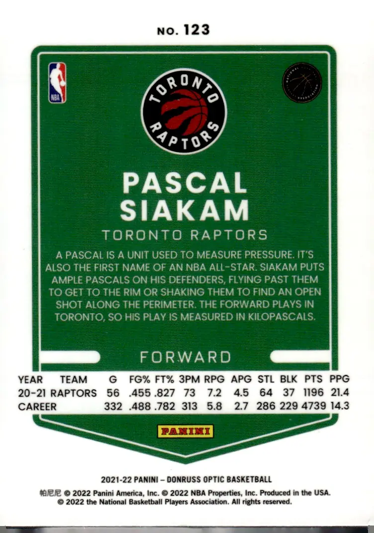 2021-22 Donruss Optic #123 Pascal Siakam (back)