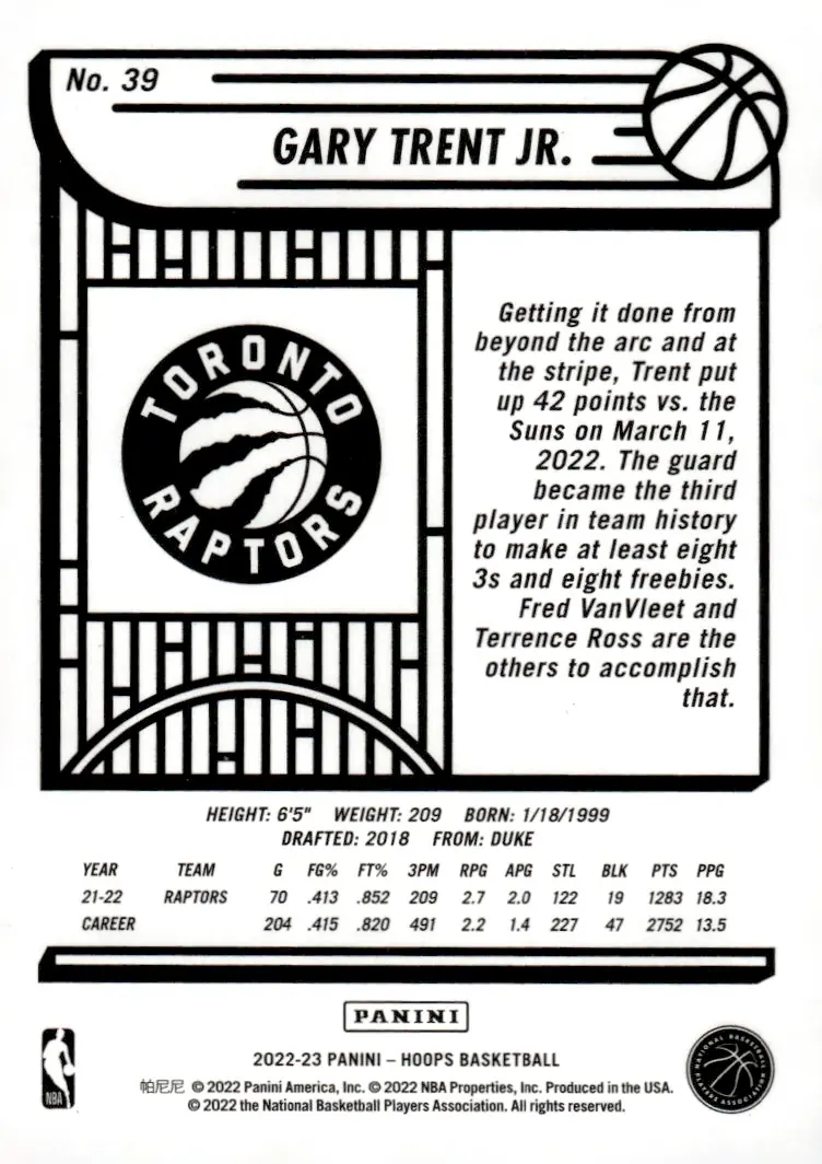 2022-23 NBA Hoops #39 Gary Trent Jr. (back)