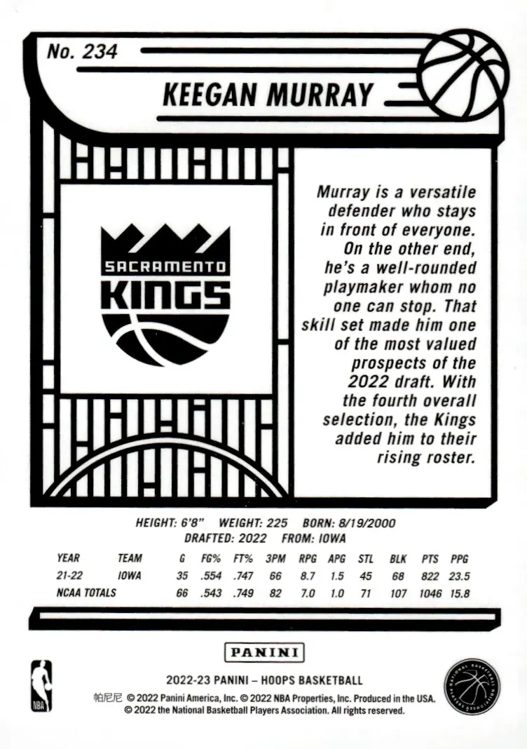 2022-23 NBA Hoops #234 Keegan Murray (back)