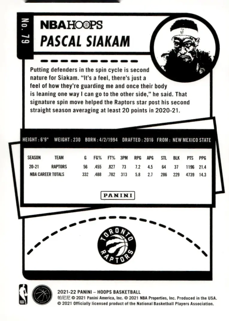 2021-22 NBA Hoops #79 Pascal Siakam – Winter (back)