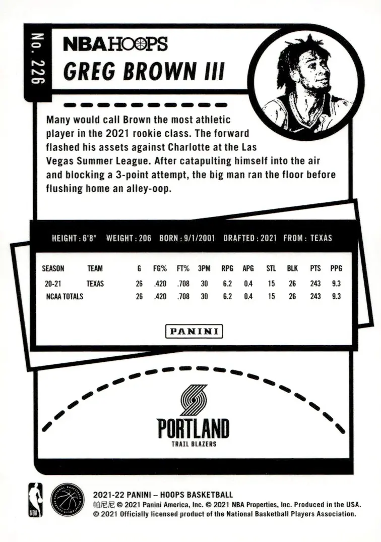 2021-22 NBA Hoops #226 Greg Brown III (back)