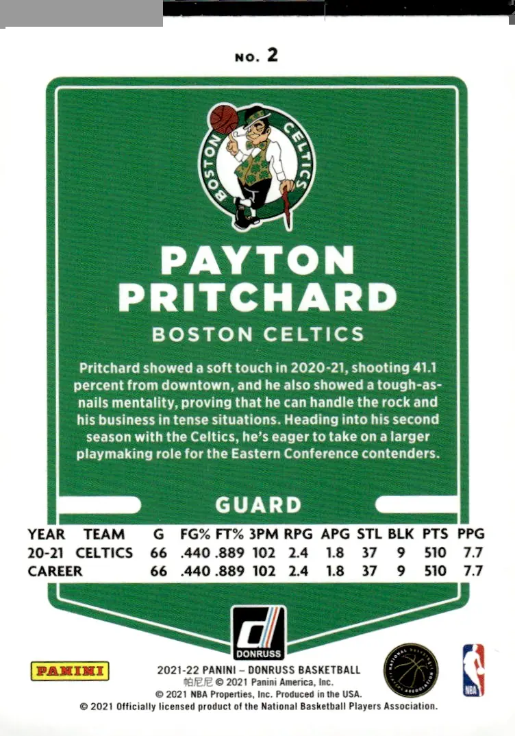 2021-22 Panini Donruss Basketball #2 Payton Pritchard (back)