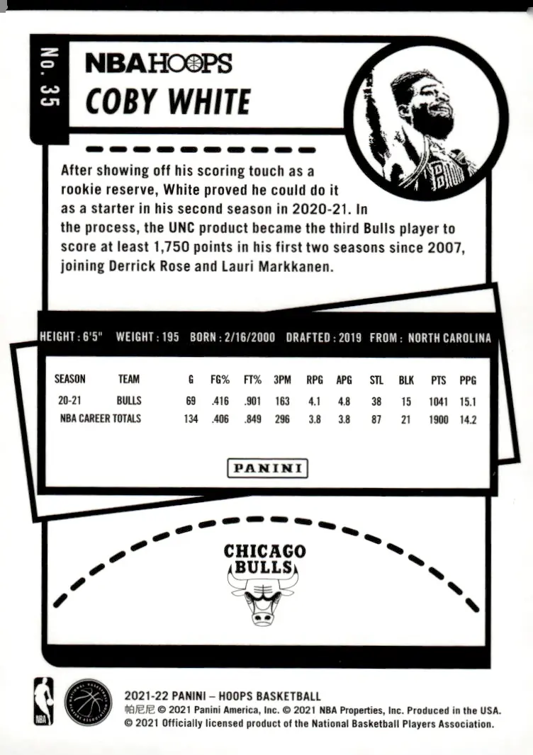 2021-22 NBA Hoops #35 Coby White (back)