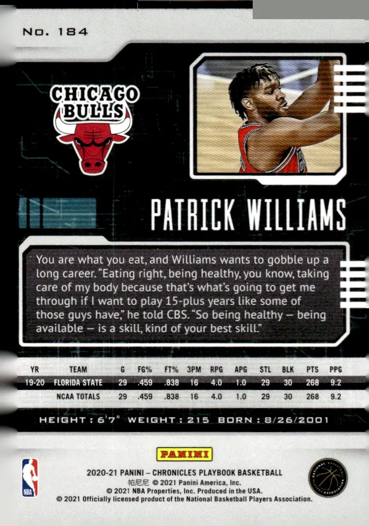 2020-21 Panini Chronicles Basketball #184 Patrick Williams (back)