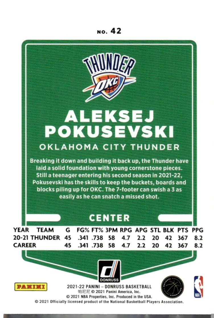 2021-22 Donruss #42 Aleksej Pokusevski (back)