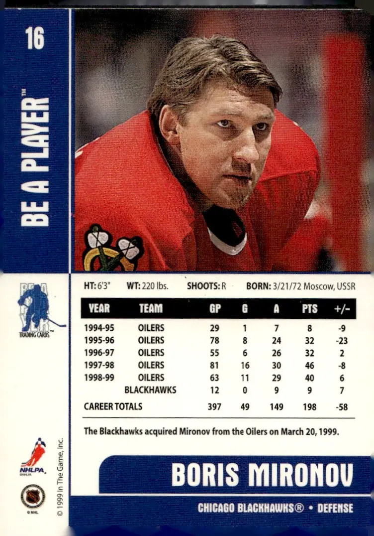 1999-00 Be A Player Memorabilia #16 Boris Mironov (back)