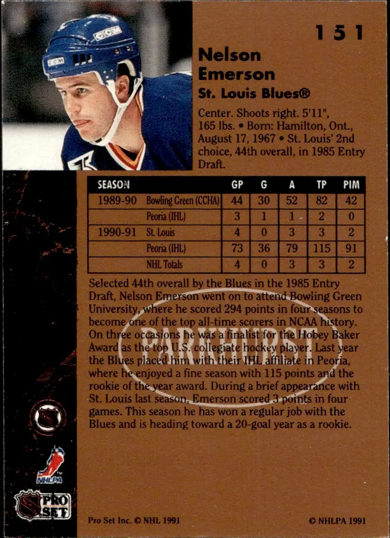 1991-92 Parkhurst #151 Nelson Emerson (back)