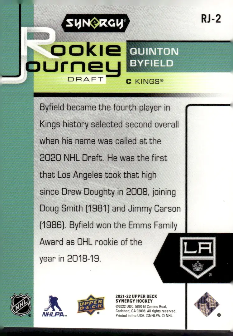 2021-22 Upper Deck Synergy #RJ-2 Quinton Byfield (back)