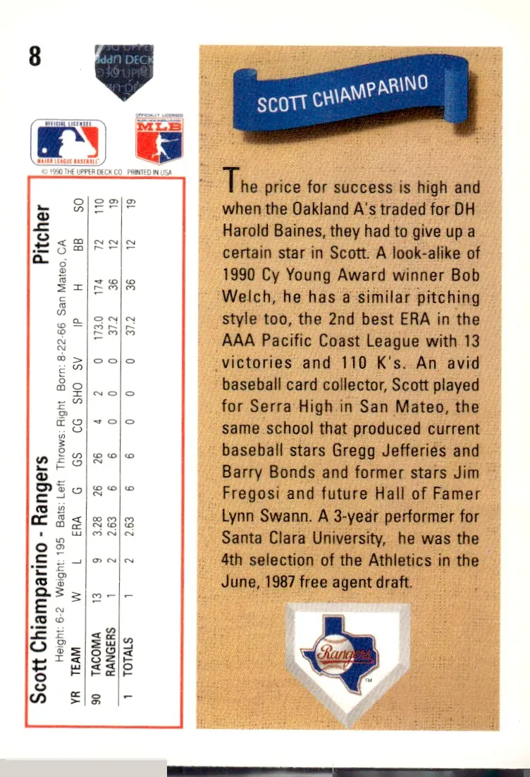 1991 Upper Deck #8 Scott Chiamparino (back)