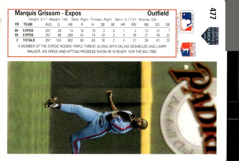 1991 Upper Deck #477 Marquis Grissom (back)