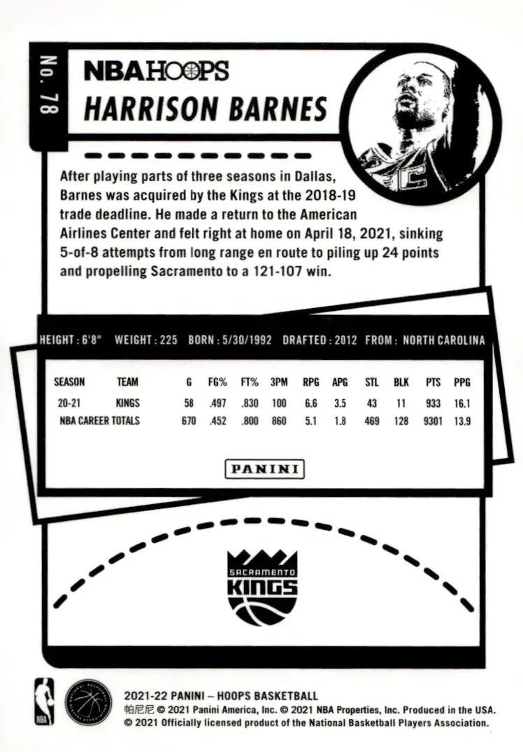 2021-22 NBA Hoops #78 Harrison Barnes (back)