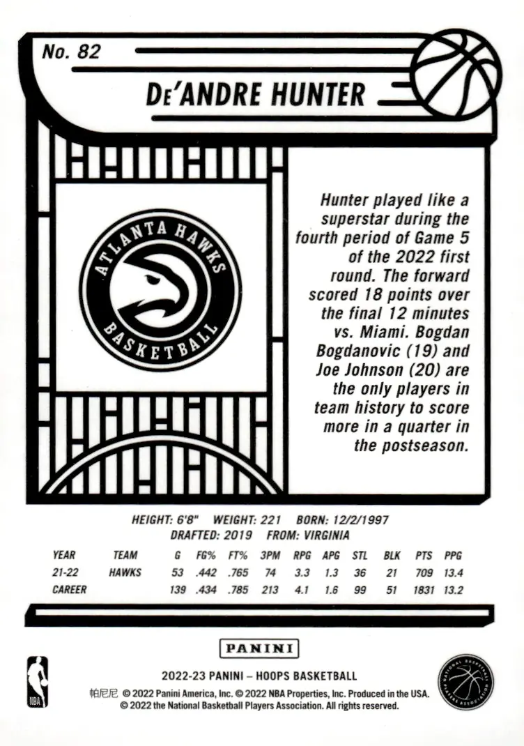 2022-23 NBA Hoops #82 De'Andre Hunter (back)