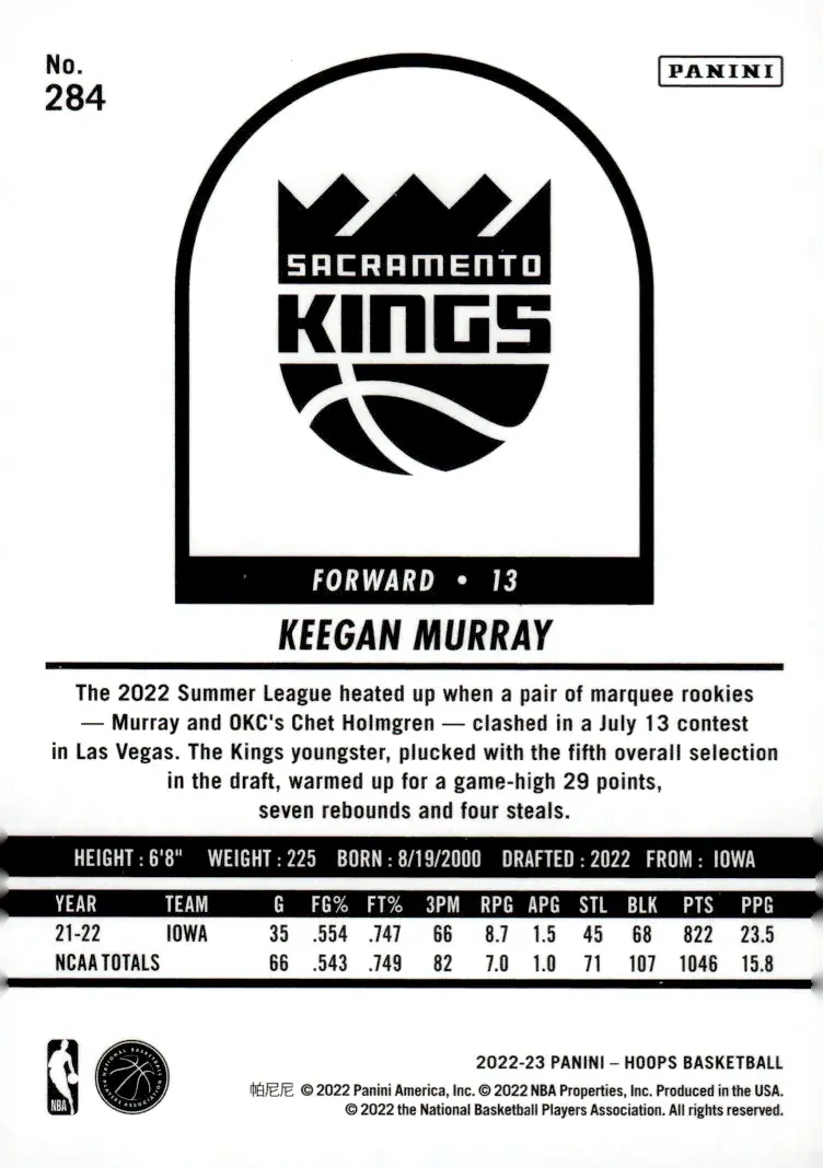 2022-23 NBA Hoops #284 Keegan Murray (back)