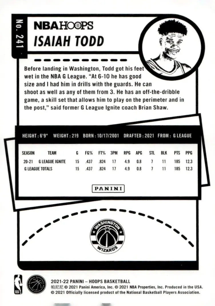 2021-22 NBA Hoops #241 Isaiah Todd (back)