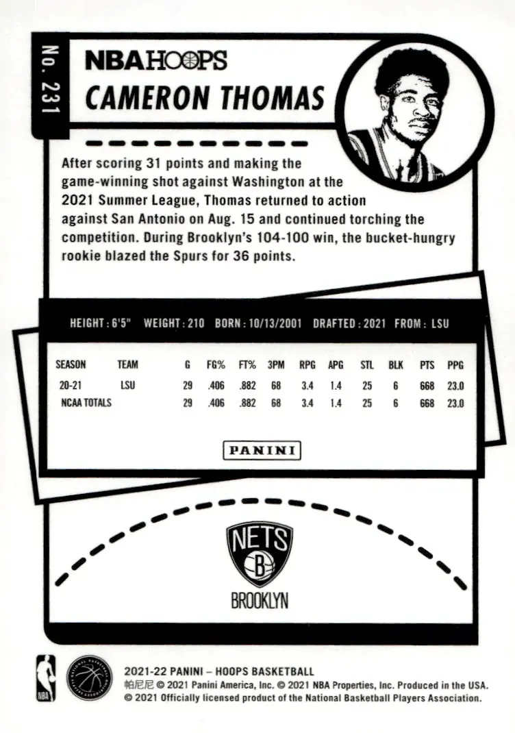 2021-22 NBA Hoops #231 Cameron Thomas (back)
