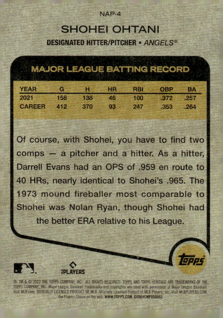 2022 Topps Heritage #NAP-4 Shohei Ohtani (back)