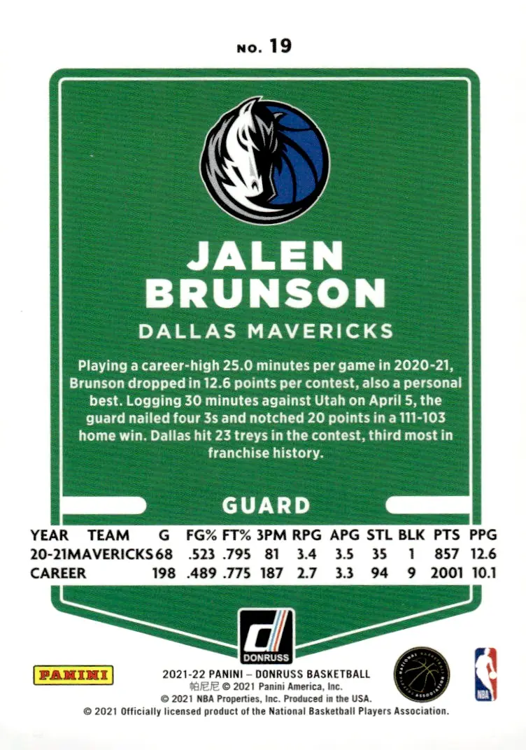 2021-22 Donruss #19 Jalen Brunson (back)