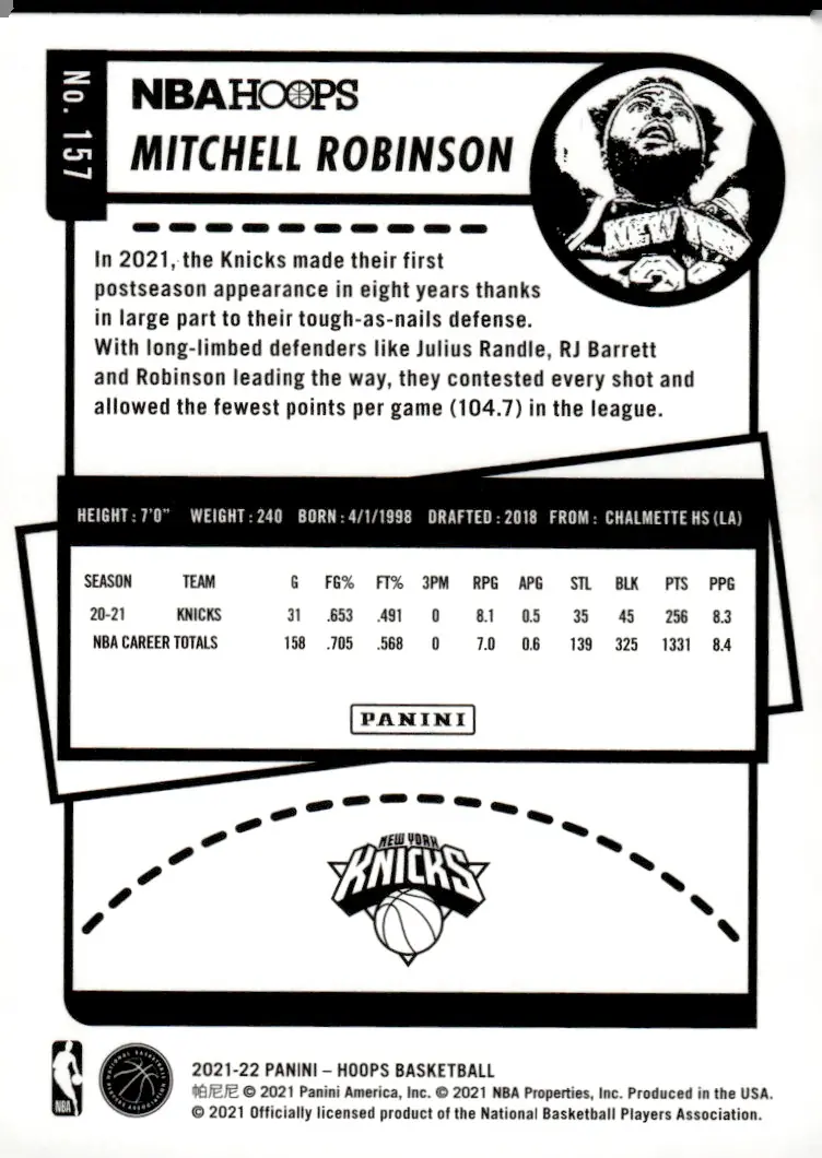 2021-22 NBA Hoops #157 Mitchell Robinson (back)