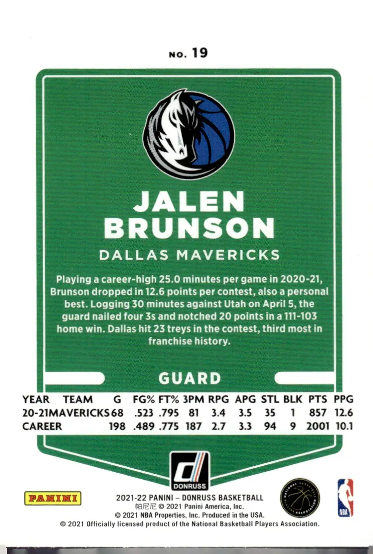 2021-22 Donruss #19 Jalen Brunson (back)