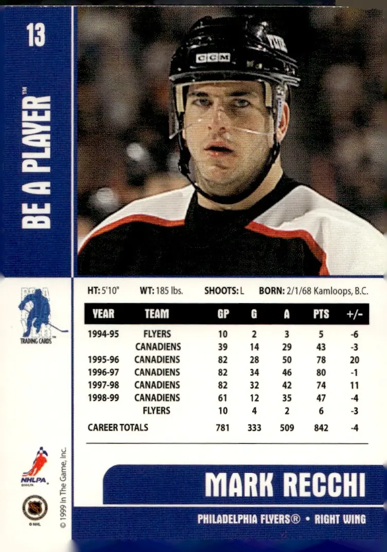 1999-00 Be A Player Memorabilia #13 Mark Recchi (back)