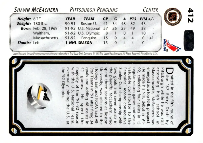1992-93 Upper Deck #412 Shawn McEachern (back)