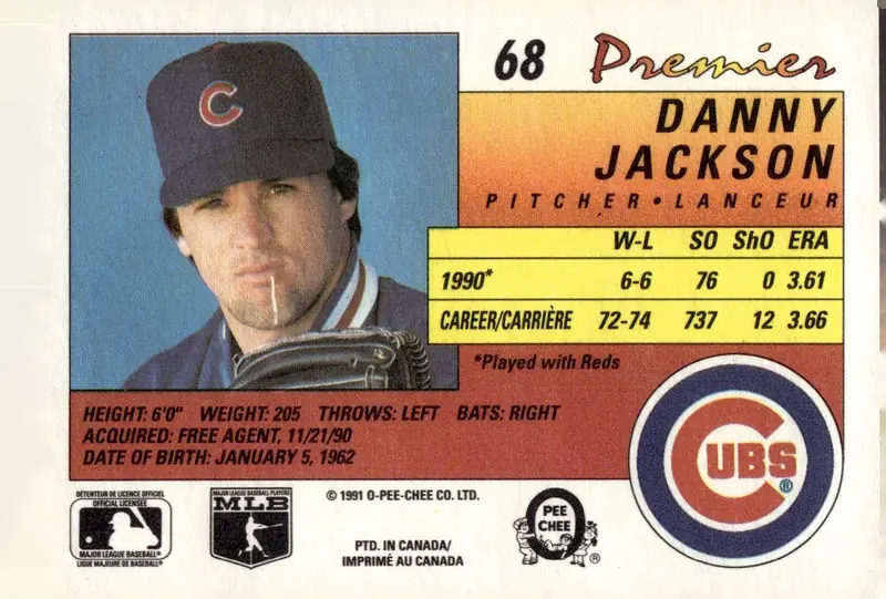 1991 O-Pee-Chee Premier #68 Danny Jackson (back)