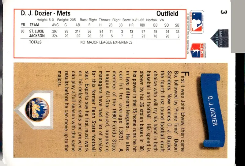 1991 Upper Deck #3 D.J. Dozier (back)