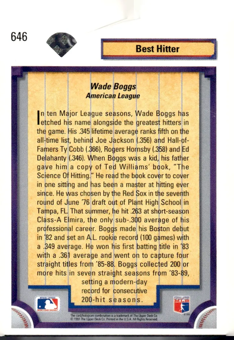 1992 Upper Deck #646 Wade Boggs (back)