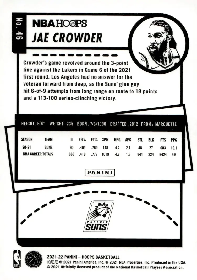 2021-22 NBA Hoops #46 Jae Crowder (back)