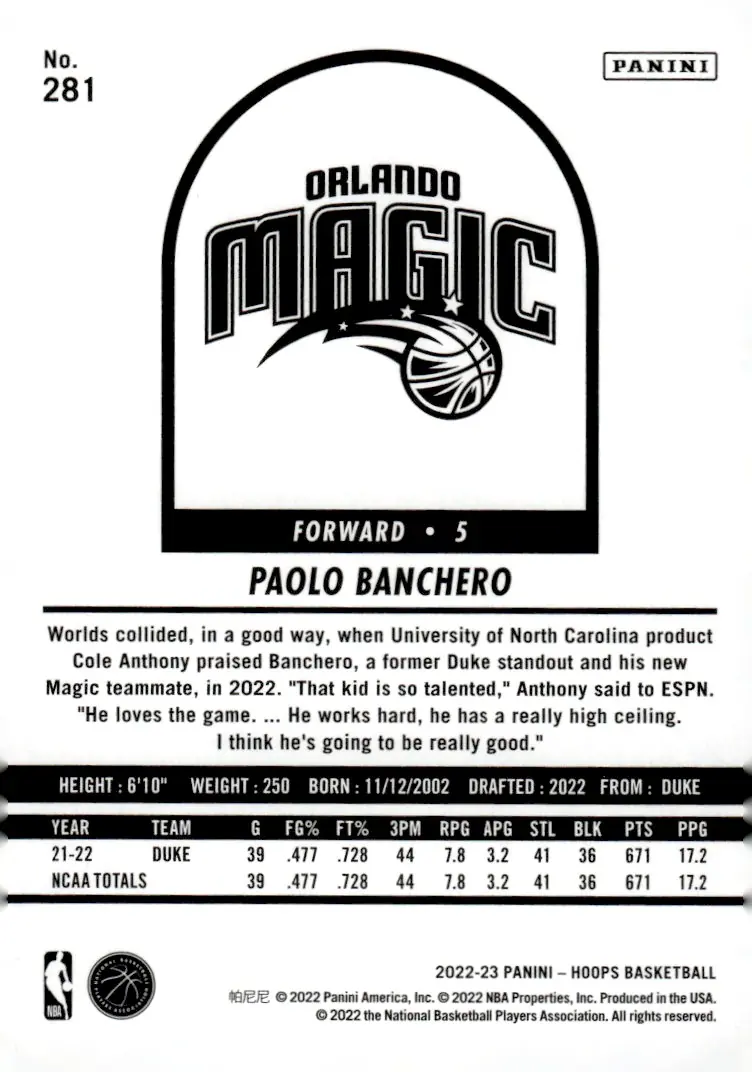 2022-23 NBA Hoops #281 Paolo Banchero (back)