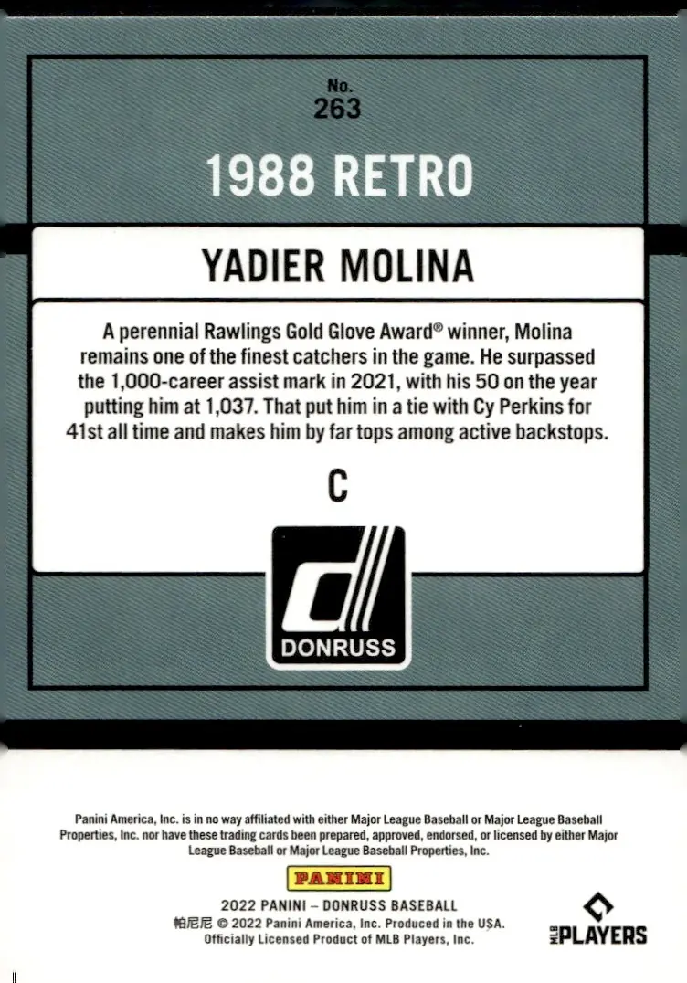 2022 Donruss Baseball #263 Yadier Molina (back)