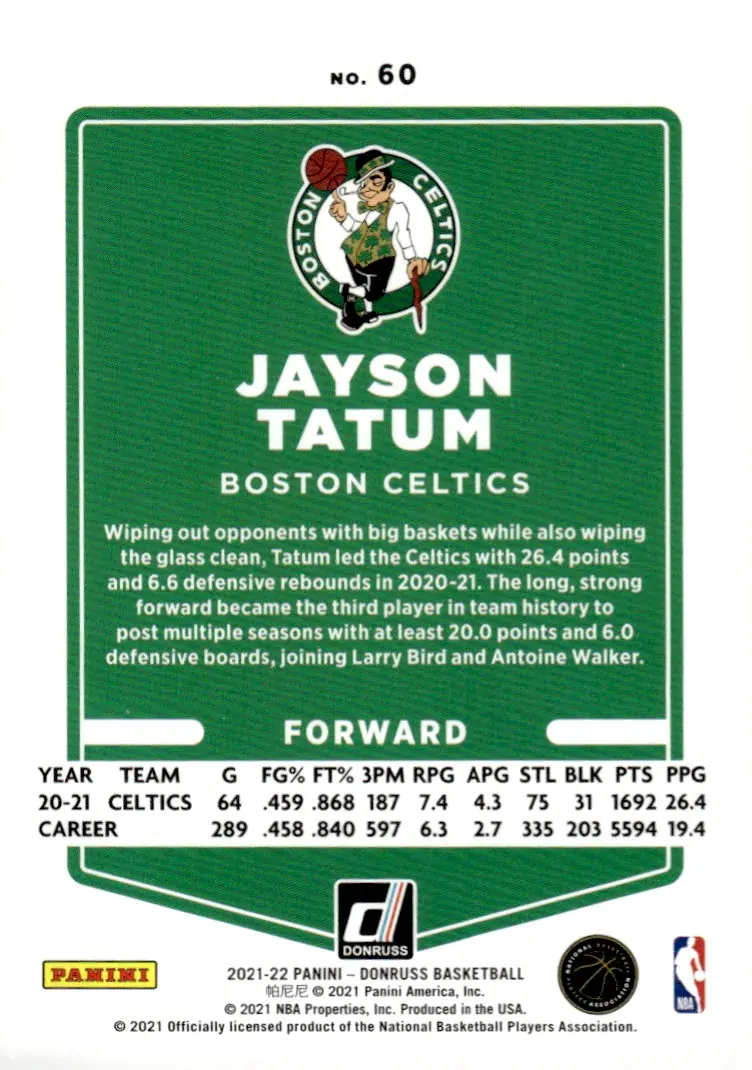 2021-22 Donruss Basketball #60 Jayson Tatum (back)