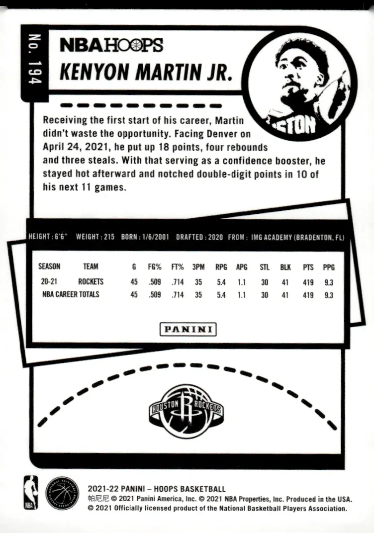 2021-22 NBA Hoops #194 Kenyon Martin Jr. (back)