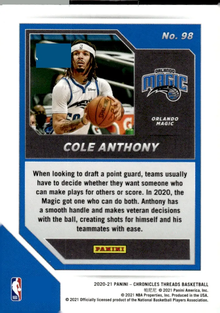 2020-21 Panini Chronicles Basketball #98 Cole Anthony (back)