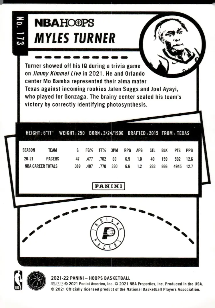 2021-22 NBA Hoops #173 Myles Turner (back)